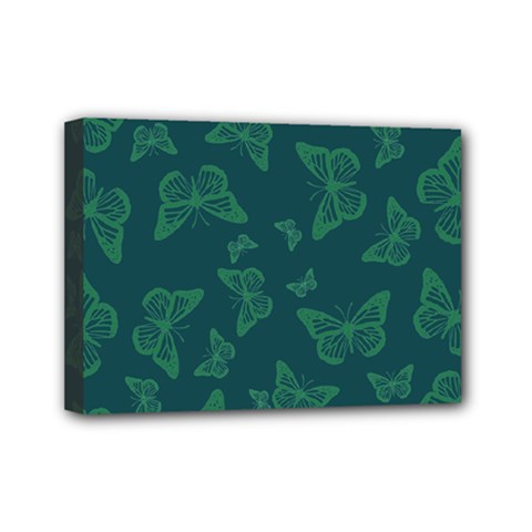 Midnight Green Butterflies Pattern Mini Canvas 7  X 5  (stretched) by SpinnyChairDesigns