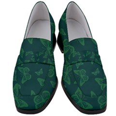Midnight Green Butterflies Pattern Women s Chunky Heel Loafers by SpinnyChairDesigns