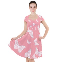 Pink And White Butterflies Cap Sleeve Midi Dress by SpinnyChairDesigns