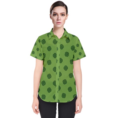 Green Four Leaf Clover Pattern Women s Short Sleeve Shirt by SpinnyChairDesigns