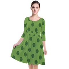 Green Four Leaf Clover Pattern Quarter Sleeve Waist Band Dress by SpinnyChairDesigns