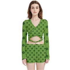 Green Four Leaf Clover Pattern Velvet Wrap Crop Top