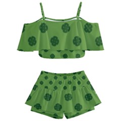 Green Four Leaf Clover Pattern Kids  Off Shoulder Skirt Bikini