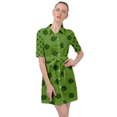 Green Four Leaf Clover Pattern Belted Shirt Dress