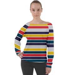 Horizontal Colored Stripes Off Shoulder Long Sleeve Velour Top by tmsartbazaar