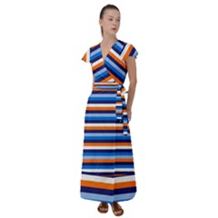 Ocean Blue Stripes Flutter Sleeve Maxi Dress by tmsartbazaar