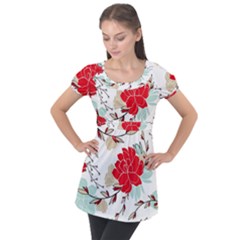 Floral Pattern  Puff Sleeve Tunic Top by Sobalvarro