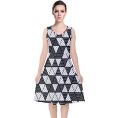 Black And White Triangles Pattern V-neck Midi Sleeveless Dress  by SpinnyChairDesigns