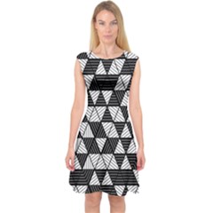 Black And White Triangles Pattern Capsleeve Midi Dress by SpinnyChairDesigns