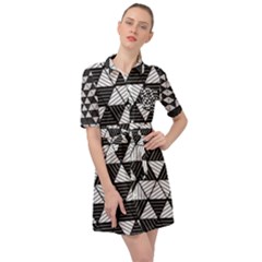 Black And White Triangles Pattern Belted Shirt Dress by SpinnyChairDesigns