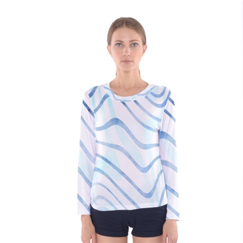 Faded Denim Blue Abstract Stripes On White Women s Long Sleeve Tee by SpinnyChairDesigns