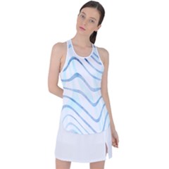 Faded Denim Blue Abstract Stripes On White Racer Back Mesh Tank Top by SpinnyChairDesigns