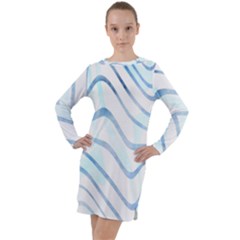 Faded Denim Blue Abstract Stripes On White Long Sleeve Hoodie Dress by SpinnyChairDesigns