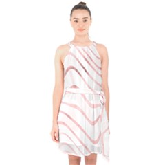 Pink Abstract Stripes on White Halter Collar Waist Tie Chiffon Dress