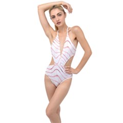 Pink Abstract Stripes on White Plunging Cut Out Swimsuit