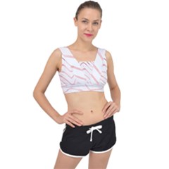 Pink Abstract Stripes On White V-back Sports Bra by SpinnyChairDesigns