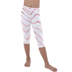 Pink Abstract Stripes on White Kids  Lightweight Velour Capri Leggings 