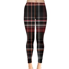 Red Black White Plaid Stripes Leggings  by SpinnyChairDesigns