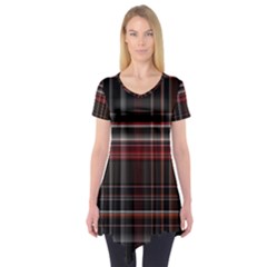 Red Black White Plaid Stripes Short Sleeve Tunic  by SpinnyChairDesigns
