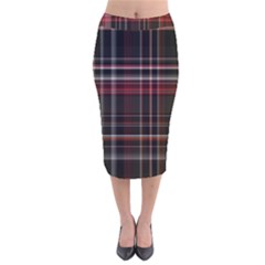 Red Black White Plaid Stripes Velvet Midi Pencil Skirt by SpinnyChairDesigns