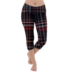 Red Black White Plaid Stripes Lightweight Velour Capri Yoga Leggings by SpinnyChairDesigns