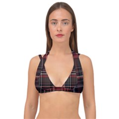 Red Black White Plaid Stripes Double Strap Halter Bikini Top by SpinnyChairDesigns