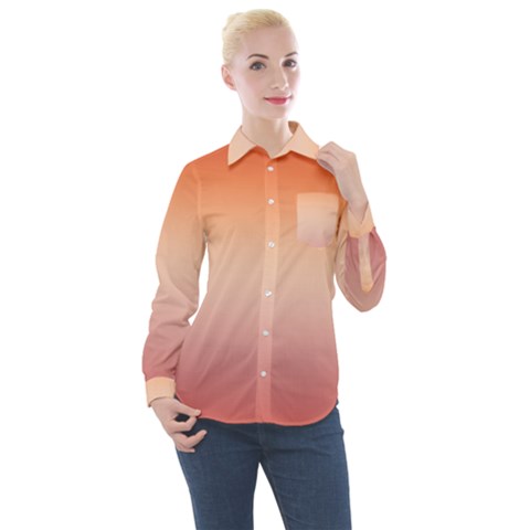 Vermilion Coral Sunset Gradient Ombre Women s Long Sleeve Pocket Shirt by SpinnyChairDesigns