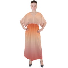 Vermilion Coral Sunset Gradient Ombre V-neck Boho Style Maxi Dress by SpinnyChairDesigns