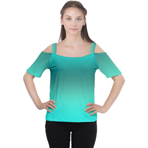 Teal Turquoise Green Gradient Ombre Cutout Shoulder Tee by SpinnyChairDesigns