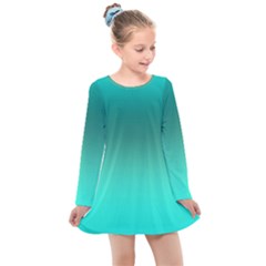 Teal Turquoise Green Gradient Ombre Kids  Long Sleeve Dress by SpinnyChairDesigns