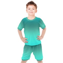 Teal Turquoise Green Gradient Ombre Kids  Tee And Shorts Set by SpinnyChairDesigns