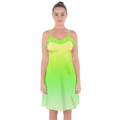 Lemon Yellow And Lime Green Gradient Ombre Color Ruffle Detail Chiffon Dress by SpinnyChairDesigns