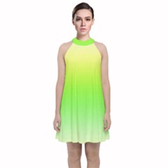 Lemon Yellow And Lime Green Gradient Ombre Color Velvet Halter Neckline Dress  by SpinnyChairDesigns