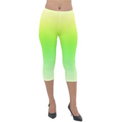 Lemon Yellow And Lime Green Gradient Ombre Color Lightweight Velour Capri Leggings  by SpinnyChairDesigns