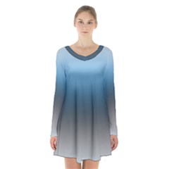 Sky Blue And Grey Color Gradient Ombre Long Sleeve Velvet V-neck Dress by SpinnyChairDesigns