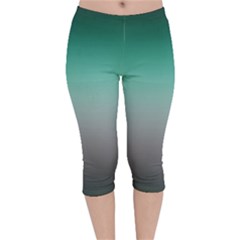 Teal Green And Grey Gradient Ombre Color Velvet Capri Leggings  by SpinnyChairDesigns