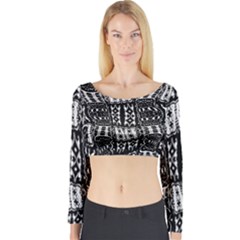 Abstract Black And White Stripes Checkered Pattern Long Sleeve Crop Top by SpinnyChairDesigns