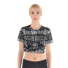 Abstract Black And White Stripes Checkered Pattern Cotton Crop Top by SpinnyChairDesigns