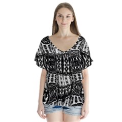 Abstract Black And White Stripes Checkered Pattern V-neck Flutter Sleeve Top