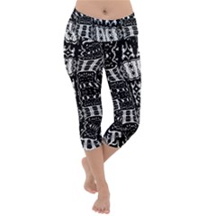 Abstract Black And White Stripes Checkered Pattern Lightweight Velour Capri Yoga Leggings by SpinnyChairDesigns