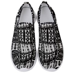 Abstract Black And White Stripes Checkered Pattern Men s Slip On Sneakers by SpinnyChairDesigns