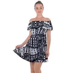 Abstract Black And White Stripes Checkered Pattern Off Shoulder Velour Dress by SpinnyChairDesigns
