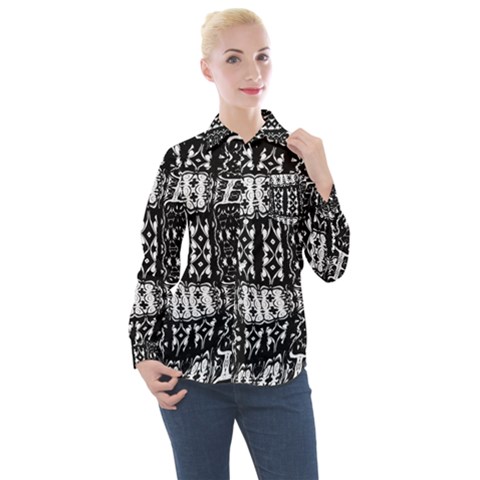 Abstract Black And White Stripes Checkered Pattern Women s Long Sleeve Pocket Shirt by SpinnyChairDesigns