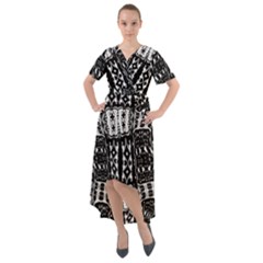 Abstract Black And White Stripes Checkered Pattern Front Wrap High Low Dress by SpinnyChairDesigns