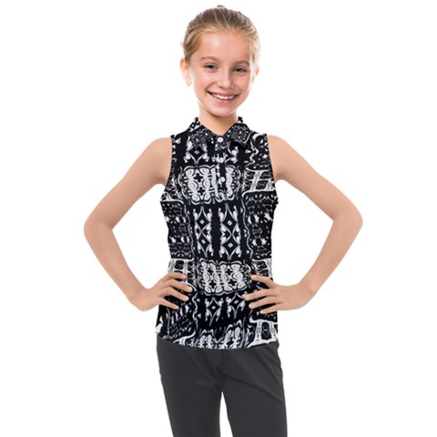 Abstract Black And White Stripes Checkered Pattern Kids  Sleeveless Polo Tee by SpinnyChairDesigns