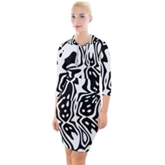 Black And White Abstract Stripe Pattern Quarter Sleeve Hood Bodycon Dress by SpinnyChairDesigns