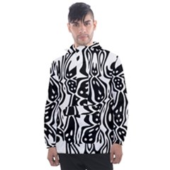 Black And White Abstract Stripe Pattern Men s Front Pocket Pullover Windbreaker by SpinnyChairDesigns