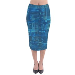 Blue Green Abstract Art Geometric Pattern Velvet Midi Pencil Skirt by SpinnyChairDesigns