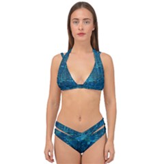 Blue Green Abstract Art Geometric Pattern Double Strap Halter Bikini Set by SpinnyChairDesigns