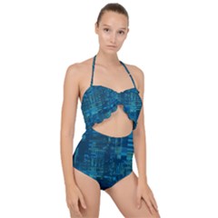 Blue Green Abstract Art Geometric Pattern Scallop Top Cut Out Swimsuit